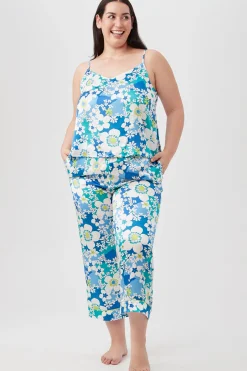 Trina Turk Bali Floral Women's Cami Tank Cropped Pant Silk PJ Set Blue Best