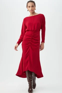 Trina Turk Behati Long Sleeve Boatneck Midi Dress Roselle Red Discount