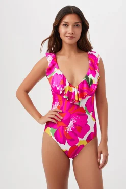 Trina Turk Bloom Plunge Ruffle One Piece Multi Fashion