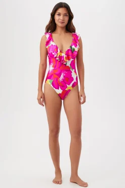 Trina Turk Bloom Plunge Ruffle One Piece Multi Fashion