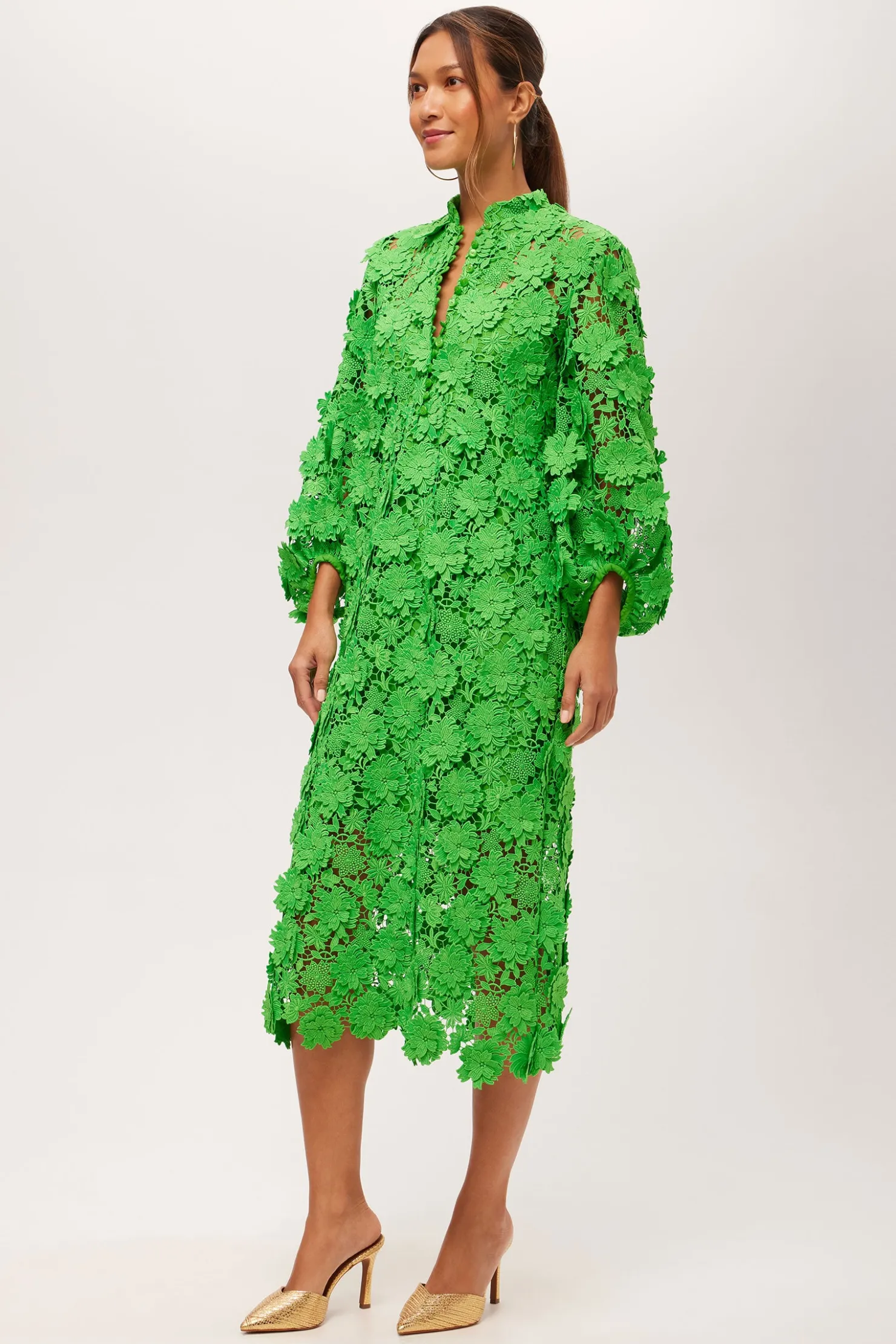 Trina Turk Boheme 3/4-Sleeve Midi Dress - Love All Lace Grass Court Green Outlet