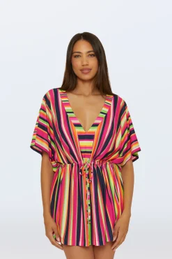 Trina Turk Cinch Tunic V-Neck Cover-Up - Splash Stripe Multi Clearance