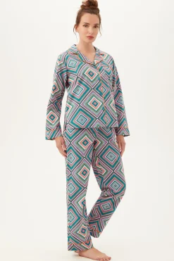 Trina Turk Diamond Geo Women's Long Sleeve Long Pant Poplin PJ Set Multi Hot