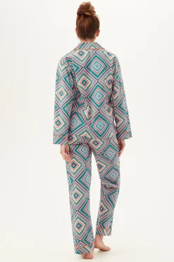 Trina Turk Diamond Geo Women's Long Sleeve Long Pant Poplin PJ Set Multi Hot