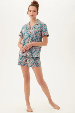 Trina Turk Diamond Geo Women's Short Sleeve Shorty Poplin PJ Set Multi Outlet