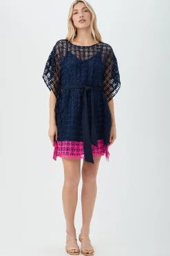 Trina Turk Dora Caftan Dress - Block Party Lace Indigo/Petal Pink Fashion