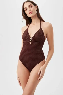 Trina Turk Glimmer Buckle Front One-Piece Swimsuit Totem Brown Hot