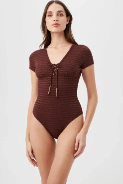 Trina Turk Glimmer Lace-Up One-Piece Swimsuit Totem Brown Sale
