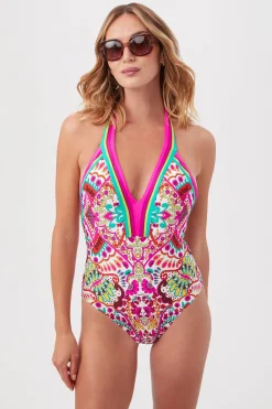 Trina Turk Hawaiian Garden Border Halter Plunge One Piece Swimsuit Multi Best