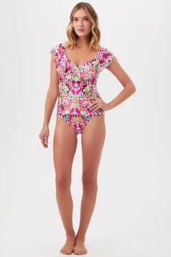 Trina Turk Hawaiian Garden Ruffle V-Neck Tankini Swim Top Multi Hot