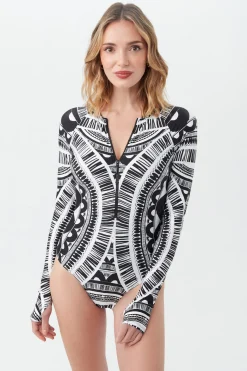 Trina Turk Hula Long-Sleeve Half-Zip One-Piece Paddle Suit Multi Clearance