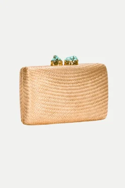 Trina Turk Jen Straw Clutch with Turquoise Closure Gold Clearance