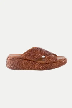 Trina Turk Key West Woven Leather Platform Slide Sandals Tan New