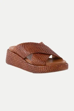Trina Turk Key West Woven Leather Platform Slide Sandals Tan New