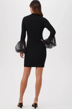 Trina Turk Larissa 2 Merino Wool Turtleneck Sweater Dress With Sheer Sleeve Cuffs Black Clearance