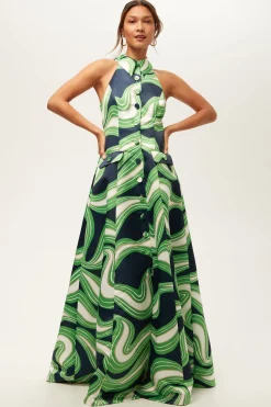 Trina Turk Official Sleeveless Maxi Dress - Serena Satin Multi Hot