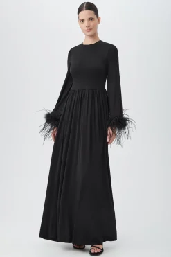 Trina Turk Orla Long-Sleeve Maxi Dress With Feather Trim Black Outlet