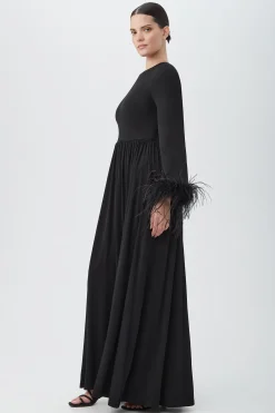 Trina Turk Orla Long-Sleeve Maxi Dress With Feather Trim Black Outlet