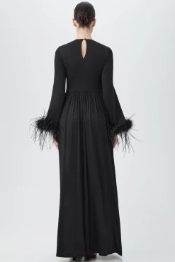Trina Turk Orla Long-Sleeve Maxi Dress With Feather Trim Black Outlet