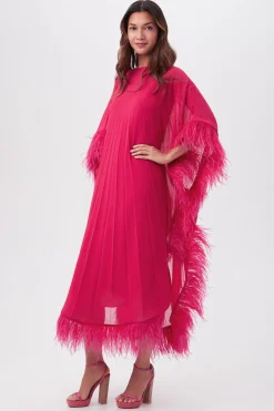 Trina Turk Pleated Neena Boatneck Maxi Caftan Dress With Feather Trim Hot