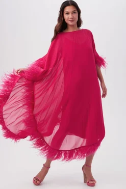 Trina Turk Pleated Neena Boatneck Maxi Caftan Dress With Feather Trim Hot