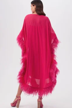 Trina Turk Pleated Neena Boatneck Maxi Caftan Dress With Feather Trim Hot