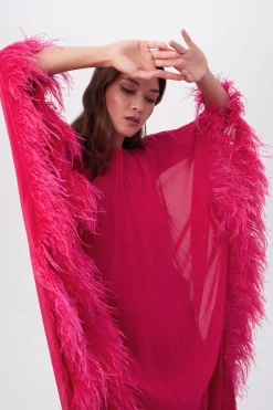 Trina Turk Pleated Neena Boatneck Maxi Caftan Dress With Feather Trim Hot