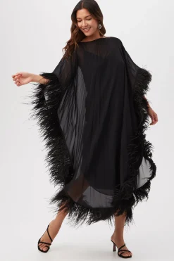 Trina Turk Pleated Neena Boatneck Maxi Caftan Dress With Feather Trim Hot