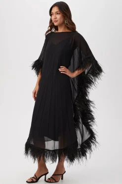 Trina Turk Pleated Neena Boatneck Maxi Caftan Dress With Feather Trim Hot