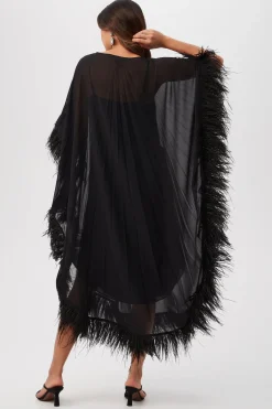 Trina Turk Pleated Neena Boatneck Maxi Caftan Dress With Feather Trim Hot