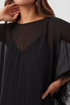 Trina Turk Pleated Neena Boatneck Maxi Caftan Dress With Feather Trim Hot