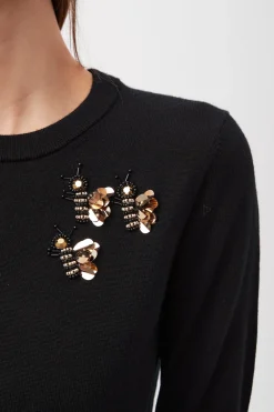 Trina Turk Queen B Merino Wool Sweater With Sequin Bee Detail BLACK Discount