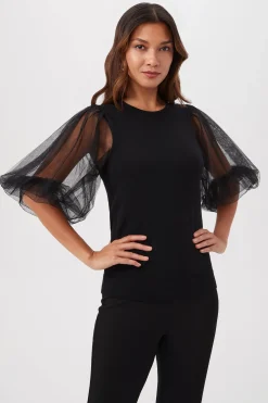Trina Turk Rhea 3 Merino Wool Crewneck Sweater With Sheer Short Sleeves Black Discount