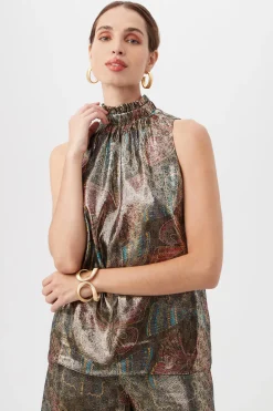 Trina Turk Rissa Butterfly Print Silk Sleeveless Mockneck Top Multi New