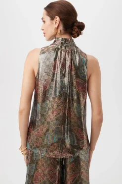 Trina Turk Rissa Butterfly Print Silk Sleeveless Mockneck Top Multi New