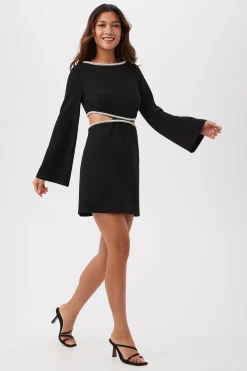 Trina Turk Sabia Long-Sleeve Crepe Knit Dress With Rhinestone Trim And Waist Cutouts Black New