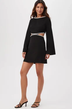 Trina Turk Sabia Long-Sleeve Crepe Knit Dress With Rhinestone Trim And Waist Cutouts Black New