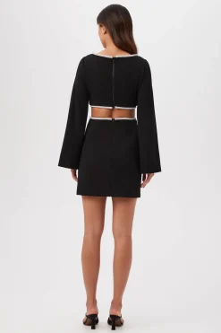 Trina Turk Sabia Long-Sleeve Crepe Knit Dress With Rhinestone Trim And Waist Cutouts Black New