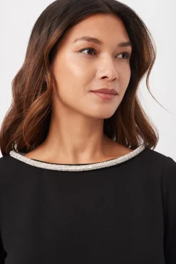Trina Turk Sabia Long-Sleeve Crepe Knit Dress With Rhinestone Trim And Waist Cutouts Black New
