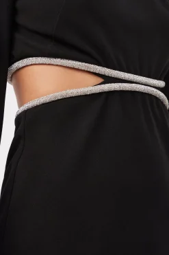 Trina Turk Sabia Long-Sleeve Crepe Knit Dress With Rhinestone Trim And Waist Cutouts Black New