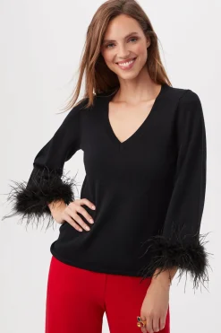 Trina Turk Sassy Merino Wool Feather Trimmed Sweater BLACK Discount