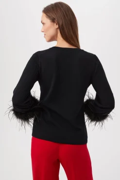 Trina Turk Sassy Merino Wool Feather Trimmed Sweater BLACK Discount