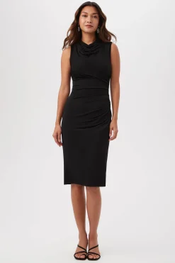 Trina Turk Spruce Sleeveless Slinky Jersey Midi Dress With Cowl Neck Black Hot