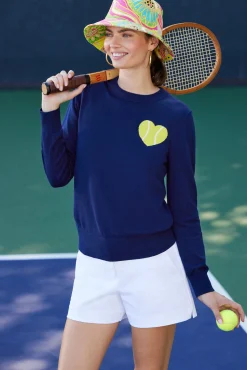 Trina Turk Tennis Heart Long-Sleeve Crewneck Sweater Ink New