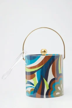 Trina Turk Fonda Floral Print Ice Bucket With Tongs Tribeca Teal MLT Discount