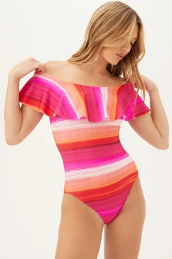 Trina Turk Women's Solstice Off The Shoulder Ruffle One Piece Swimsuit Multi Fashion