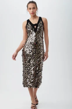 Trina Turk Yanna Sleeveless Midi Sheath Dress With Velvet Trim Black/Gold Online
