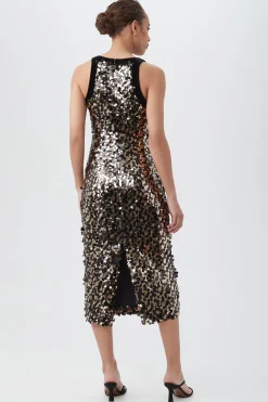 Trina Turk Yanna Sleeveless Midi Sheath Dress With Velvet Trim Black/Gold Online