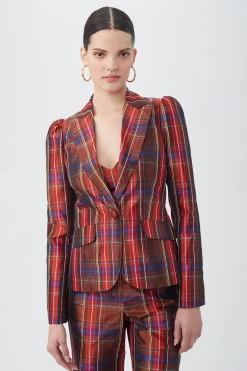 Trina Turk Zelda Plaid Puff Sleeve Blazer Jacket Multi Online